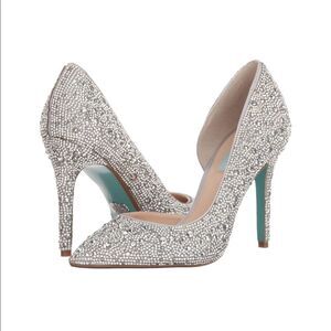 Rhinestone Pointed Toe Stiletto Dress Pump Heel with Blue Bottom